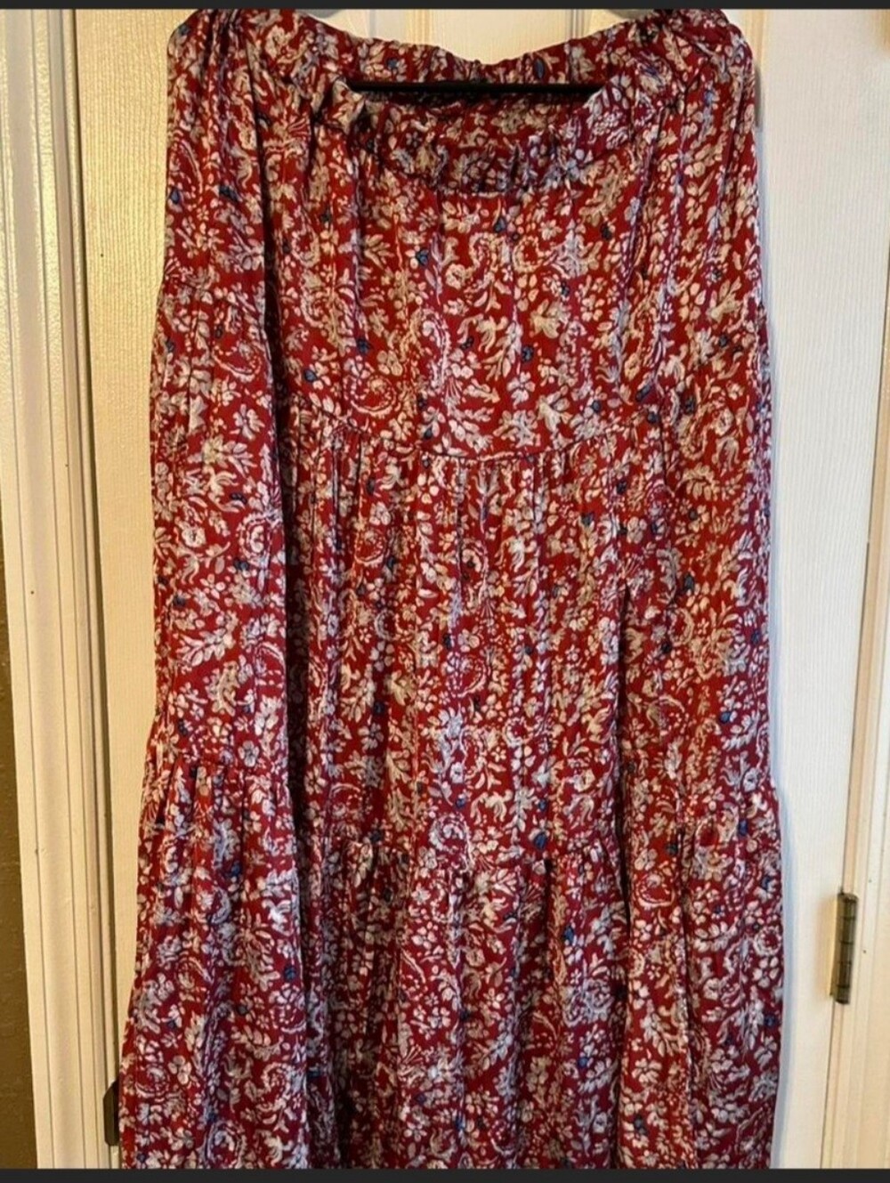 Zara Red Floral Tiered Maxi Skirt with White and Blue Accents Size Large
